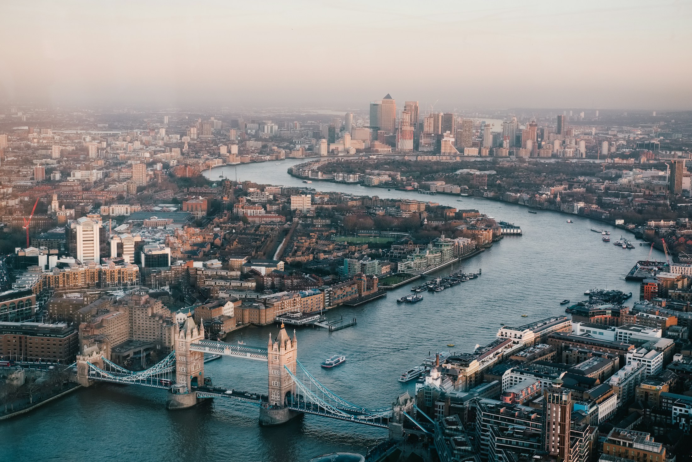 Aerial view of the River Thames, Tower Bridge and the London skyline